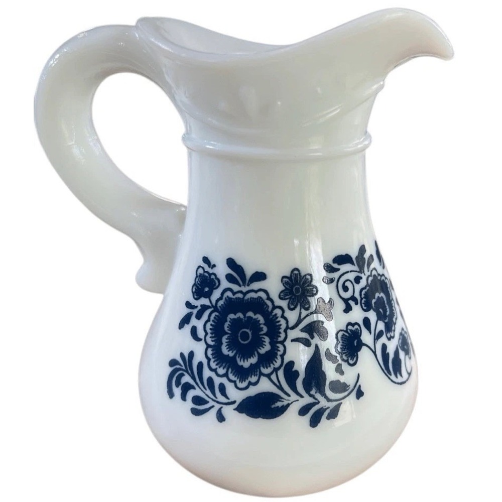 Avon Milk Glass Creamer Blue Floral Pitcher Small Vase Vintage 1970s
